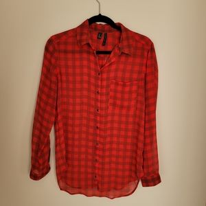 Mango Plaid Red Silky Bottom Down Shirt